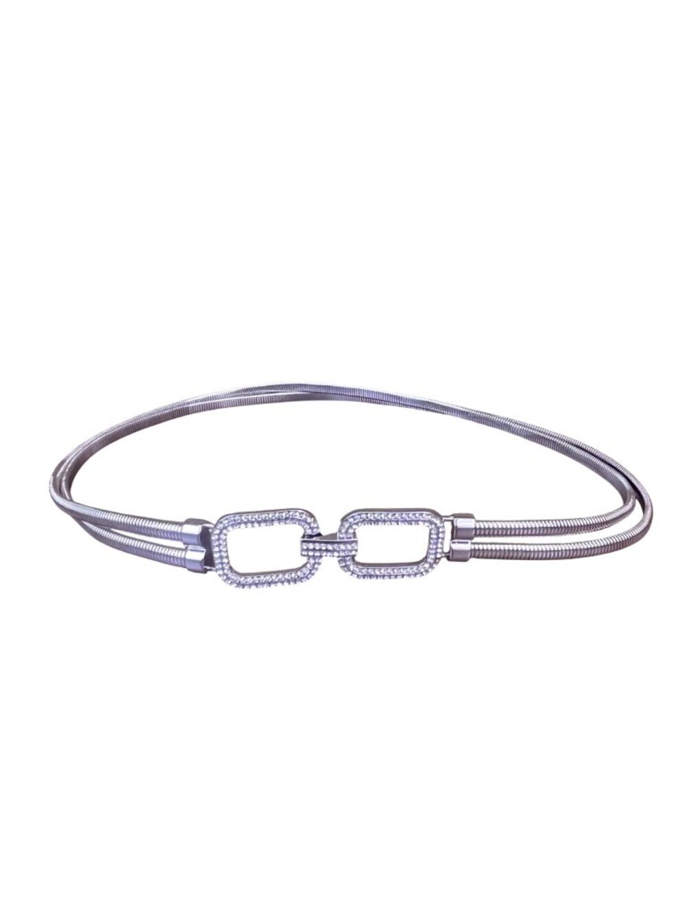 Metallic Silver Rhinestone Womens Adjustable Stretch Chain Belt With Dual Oval B
